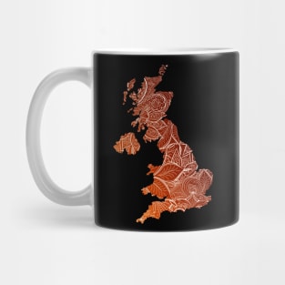 Colorful mandala art map of United Kingdom with text in brown and orange Mug